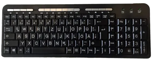 USB Slimline-Tastatur für Sehbehinderte, schwarz mit weißer Schrift, Multimedia