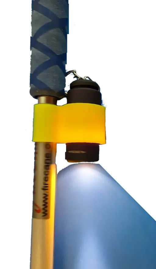Mini LED Klemmlicht 'Fire' für Blindenlangstöcke mit Halterung