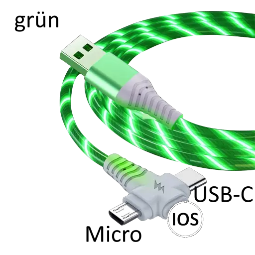 USB Kabel, USB-C + Micro + iOS Lade- und Datenkabel, grün, leuchtend, 1m
